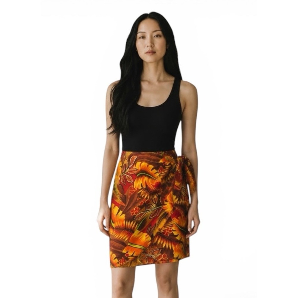 Y.LE.V Women's Wrap Skirt 100% Silk Orange Tropical Leaves Summer Vacation Sz S
